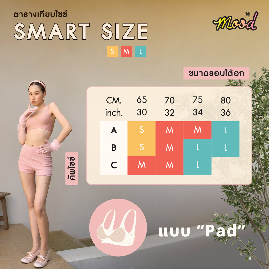 Wacoal Mood Smart Size teenage underwear, wireless bra, model MM1X90 (matching MUMX90), light gray (LI)