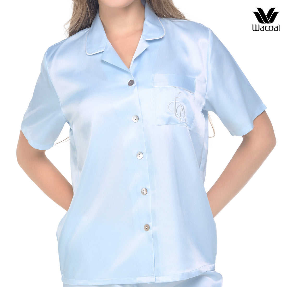 Wacoal Sleep Wear ชุดนอนผ้า Satin Set แขนสั้น ขายาว รุ่น WN7E18 สีฟ้าคราม (SM)